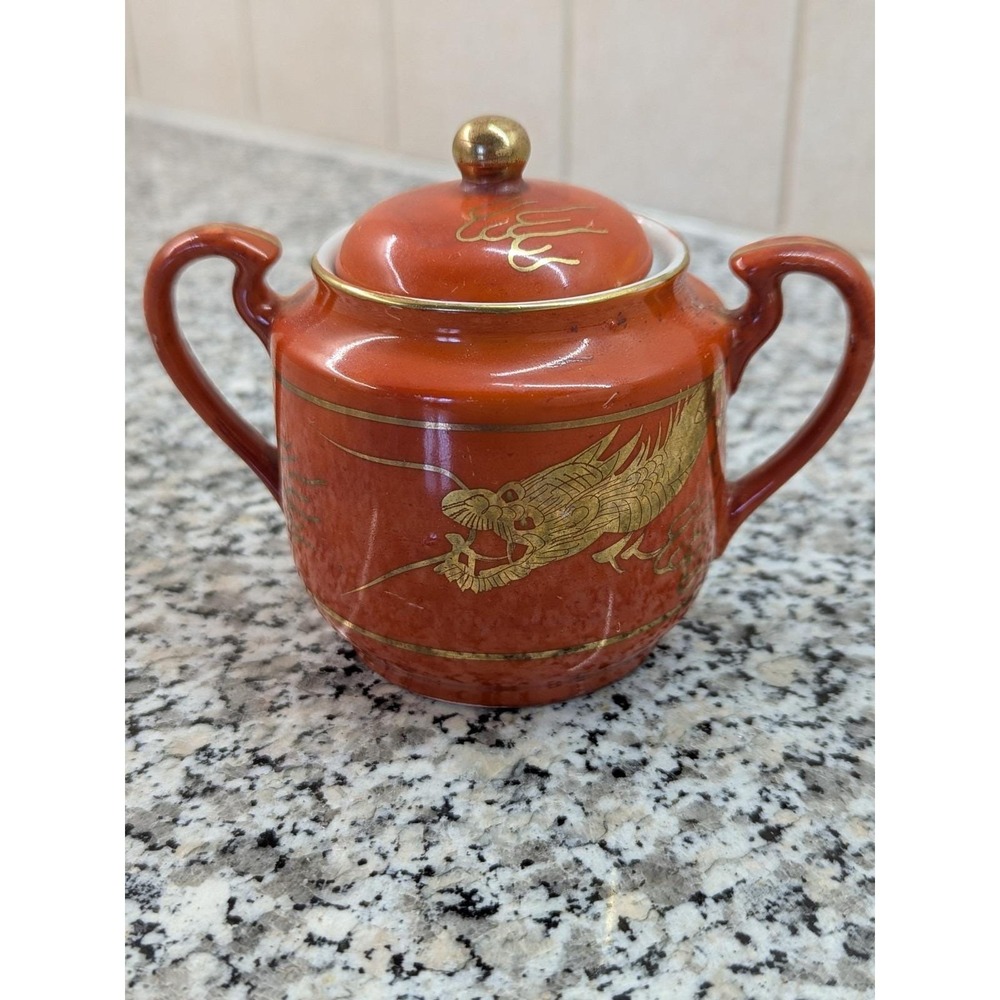 Eiraku Eggshell Porcelain Japanese Red Gold Dragon Sugar Bowl Antique